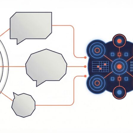 Illustration, die den Spracherkennungsprozess mit Schallwellen, Sprechblasen und Elementen aus der Datenvisualisierung zeigt.