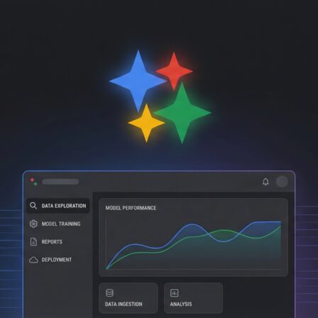 Analytics-Oberfläche, die ein Liniendiagramm auf einem dunklen Hintergrund mit farbigen Stern-Icons zeigt und das kontextbezogene Gemini-Upgrade für BigQuery Studio repräsentiert.
