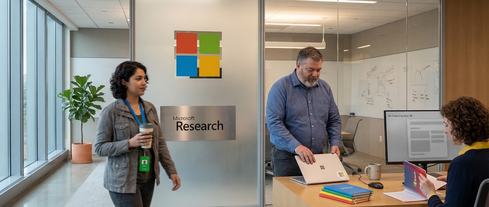Eine Büroszene, in der sich zwei Mitarbeiter in einem Forschungsraum austauschen, mit einem Microsoft-Logo im Hintergrund.