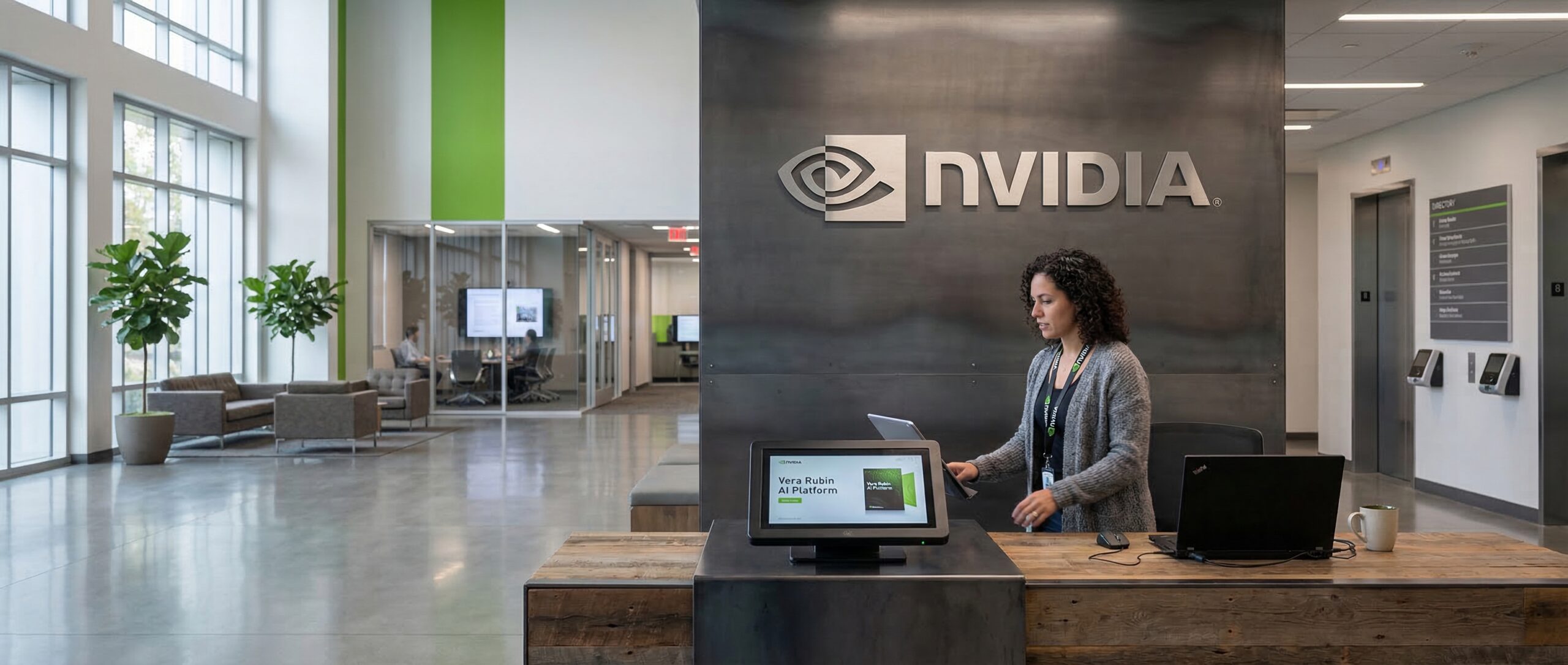 Empfangsbereich des Nvidia-Büros, der modernes Design und Technologie präsentiert.