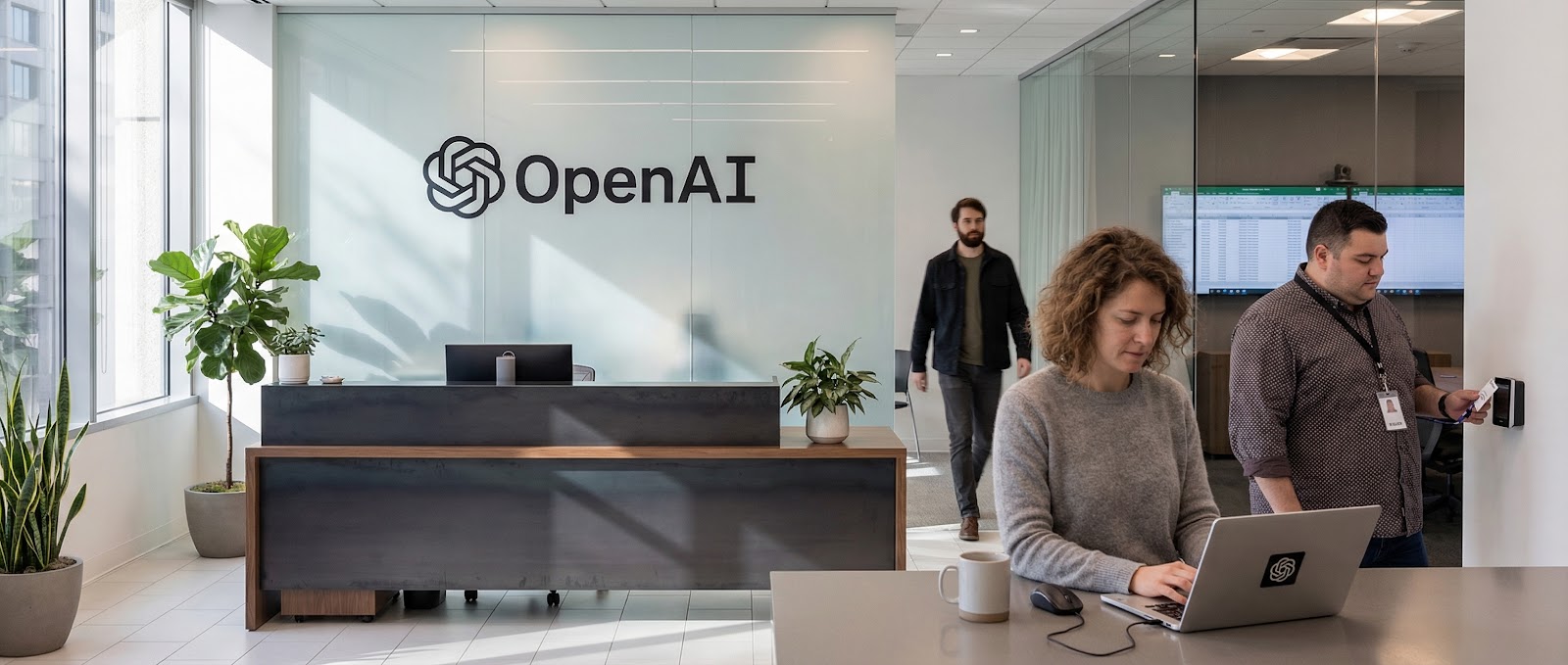 Innenansicht des OpenAI-Büros, die einen Empfangsbereich zeigt, in dem Teammitglieder arbeiten, und das moderne Arbeitsumfeld hervorhebt.