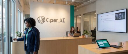 Empfangsbereich bei OpenAI mit einer eintretenden Frau, während auf einem Bildschirm eine moderne Büroumgebung und ChatGPT-Integrationen präsentiert werden.