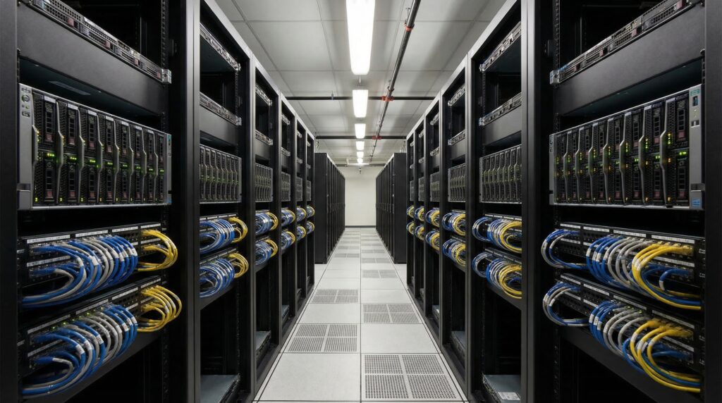Innenansicht eines Data Centers mit Reihen von Servern und Netzwerkkabeln.