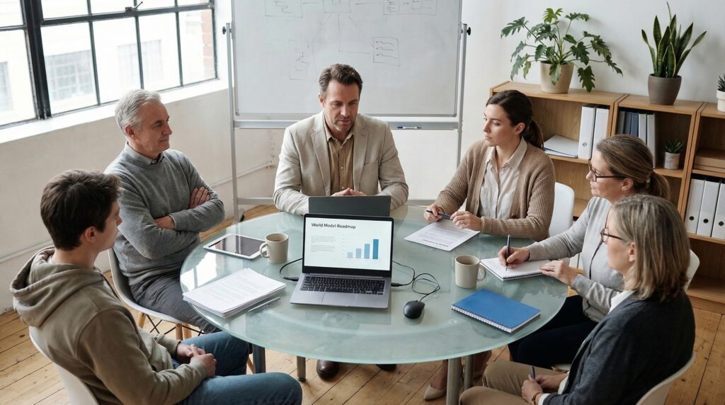 Gruppe von Fachleuten in einem Meeting, die Daten auf einem Laptopbildschirm analysieren und dabei KI-Lösungen diskutieren.