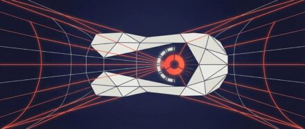 Illustration eines geometrischen Designs mit Linien, die zu einer zentralen, augenähnlichen Form zusammenlaufen und Advanced Collision Risk Assessment darstellen.