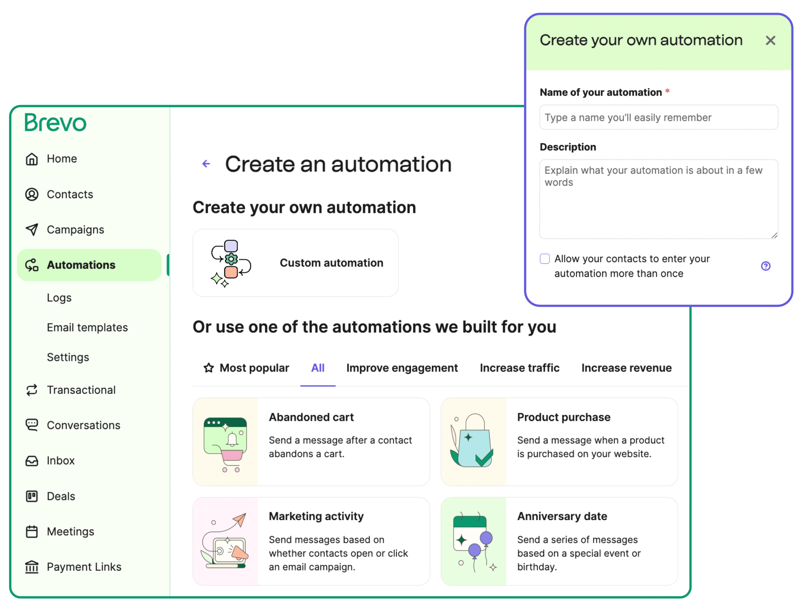Brevo email marketing automation dashboard showing the interface to create a custom automation or choose from pre-built workflows like abandoned cart, product purchase, marketing activity, and anniversary messages. The left-hand menu includes navigation options such as Contacts, Campaigns, Automations, and Email Templates.