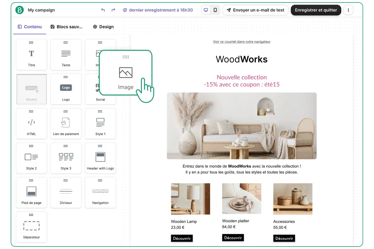 Brevo email campaign design interface with 'Image' block highlighted for adding product images. The email showcases a collection by WoodWorks, promoting a new collection with a 15% discount coupon, including images of wooden products like a lamp, platter, and accessories, along with their prices and a 'Discover' button.