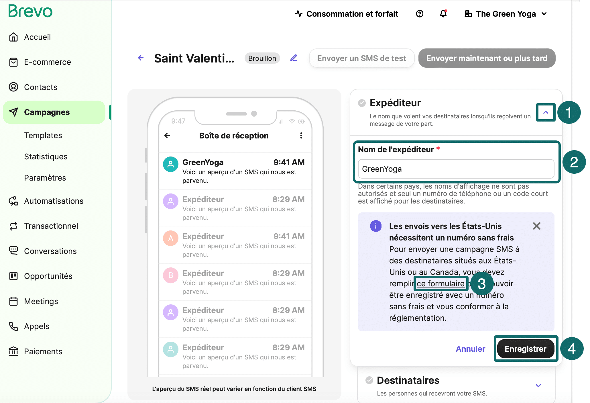 Brevo platform SMS campaign setup showing the 'Expéditeur' field where the sender's name is entered (e.g., GreenYoga).