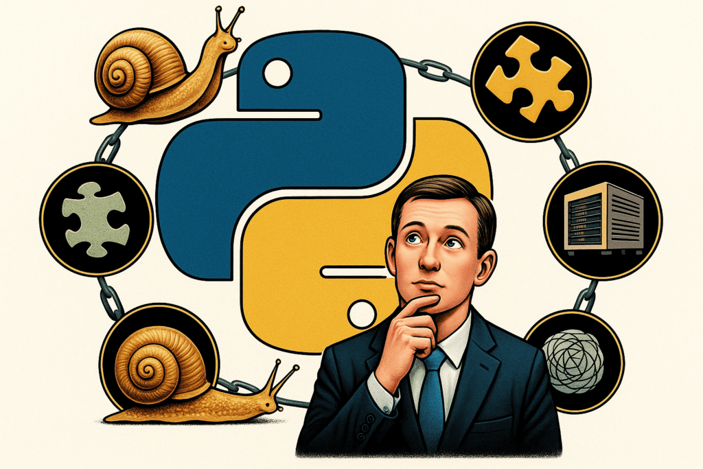 Stylized digital illustration showing a thoughtful man in a suit in front of the blue and yellow Python logo, surrounded by symbolic icons such as snails, puzzle pieces, a computer server, and a complex structure, all connected by a circular chain, representing the challenges and reflections related to Python programming.