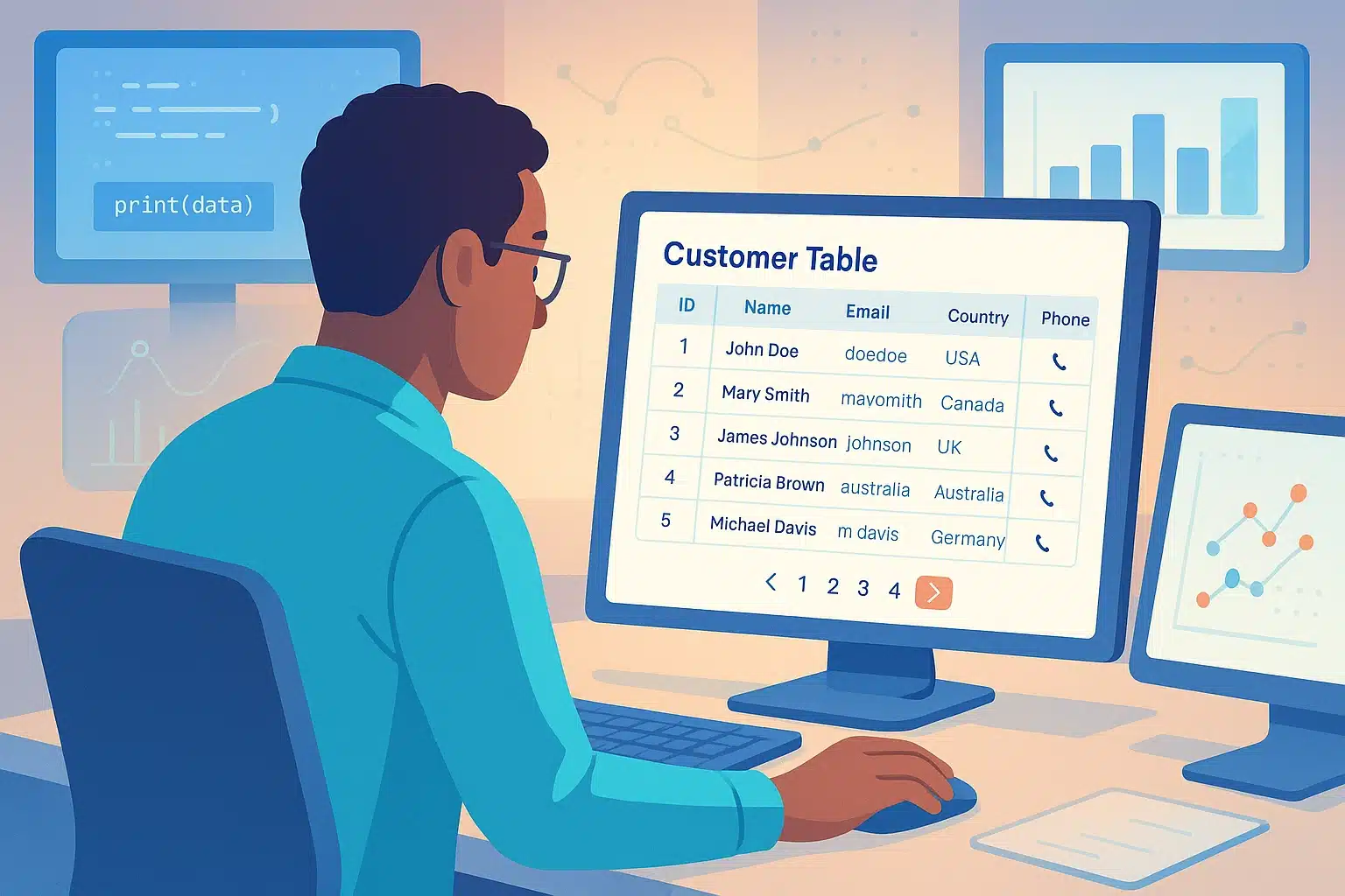 Un utilisateur consultant un tableau de clients sur un écran d'ordinateur, illustrant l'utilisation de SQL LIMIT et OFFSET pour contrôler les résultats de requêtes.