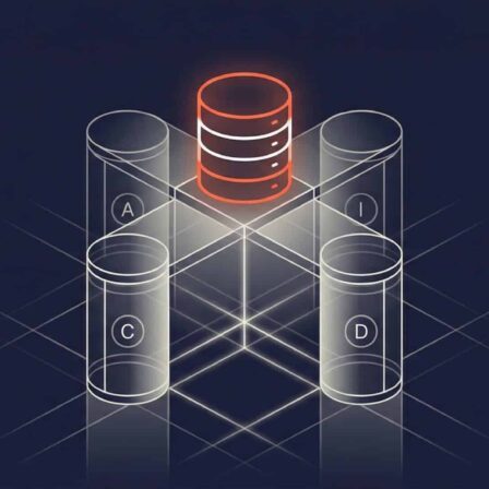 Illustration of ACID concepts in database management, highlighting a database disk at the center surrounded by several others.