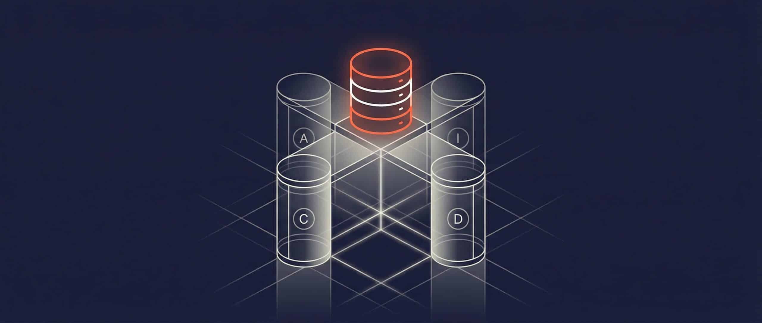 Illustration of ACID concepts in database management, highlighting a database disk at the center surrounded by several others.