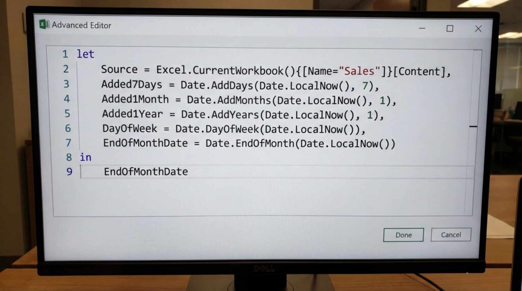 Screenshot showing an advanced editor in Excel with a calculation script to manage sales data.