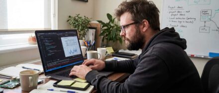 A developer working on a Python project on their laptop, surrounded by notes and cups of coffee.
