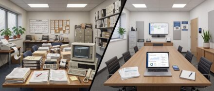 A split view of an office setting showing a traditional workspace with outdated technology on the left and a modern conference room with a laptop and digital displays on the right.