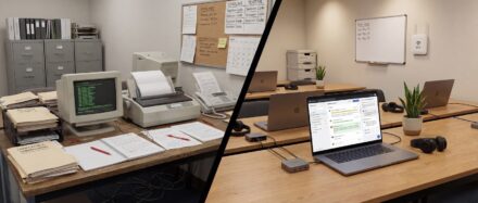 An office workspace showing a juxtaposition of old and new technology, featuring a vintage computer and modern laptops on desks.