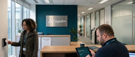 Two employees in a modern Cegedim office, with one using a keycard to open a door while the other is reviewing information on a tablet.
