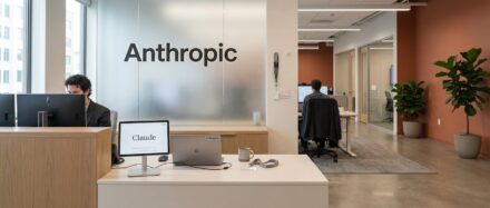 Modern office space at Anthropic featuring workstations and a reception area.