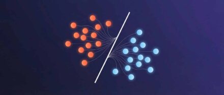 Illustration showing a classification algorithm with red and blue points separated by a line.