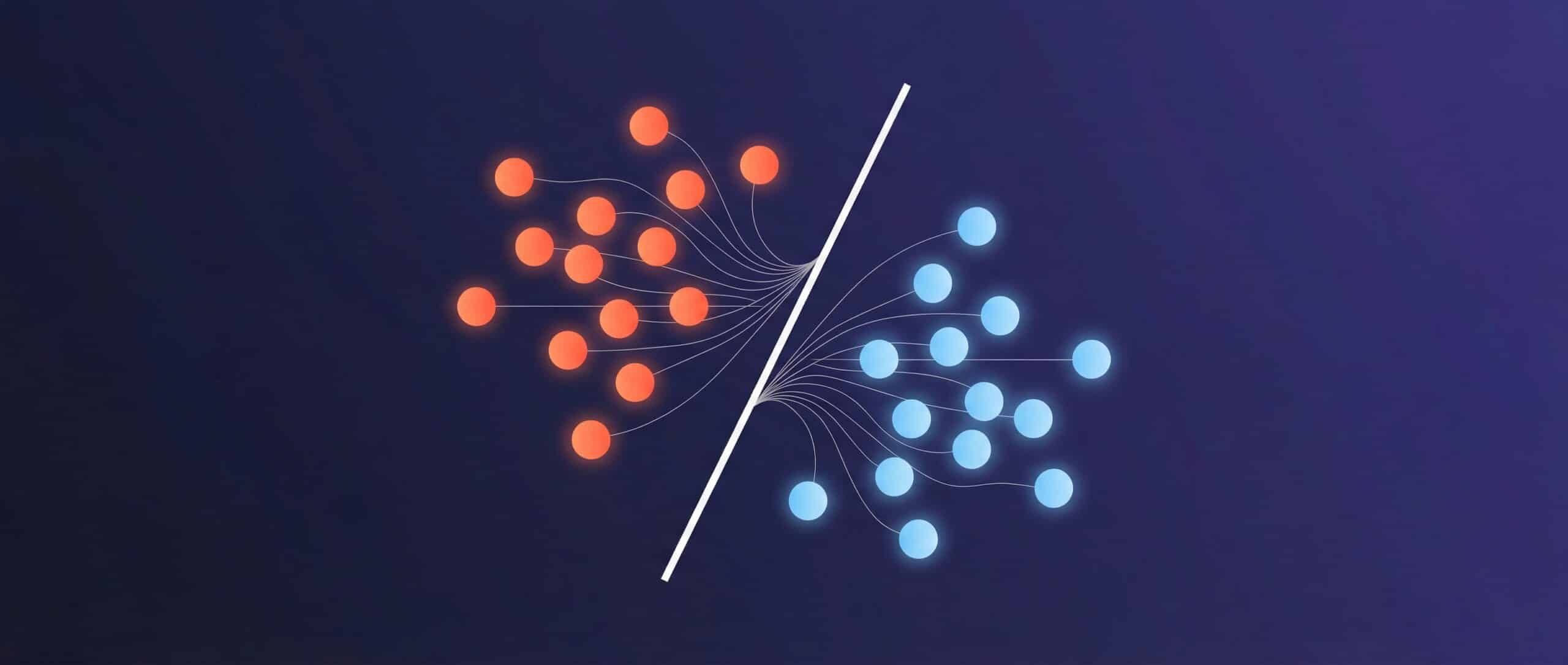 Illustration showing a classification algorithm with red and blue points separated by a line.
