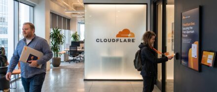 People entering Cloudflare's office, highlighting technological advancements in network security.