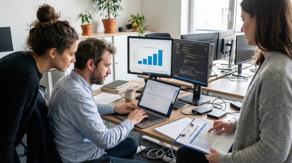 Three colleagues discussing performance charts on computer screens in a modern office.