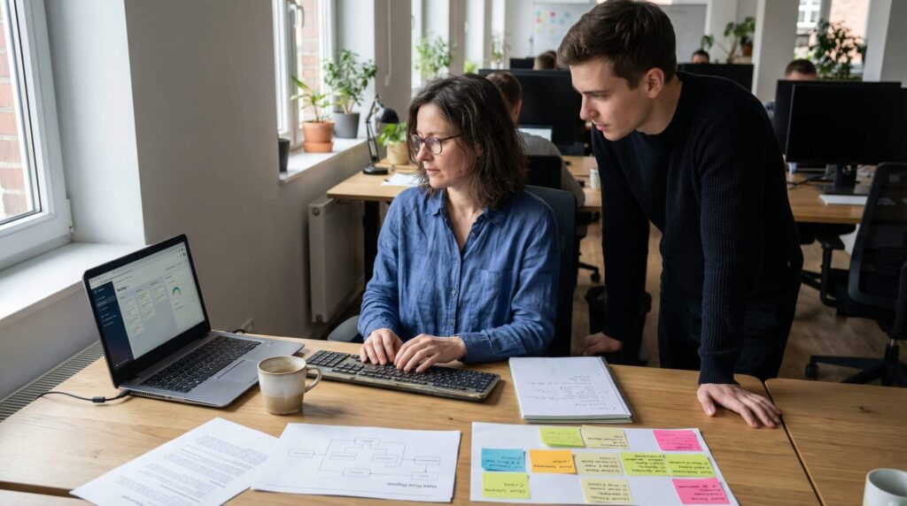 Two colleagues working together on a project, with a laptop and documents on a desk.