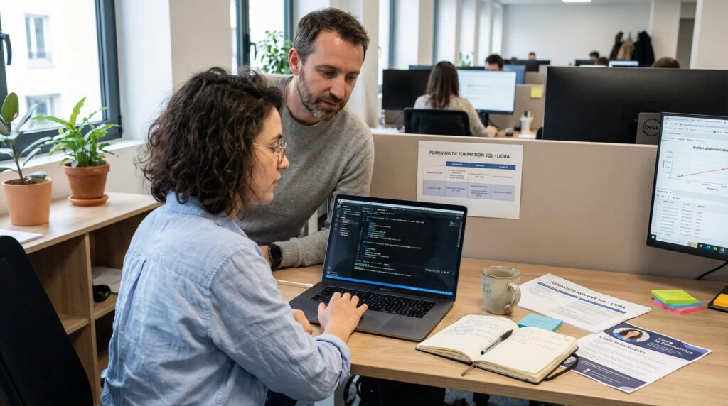 A man helps a woman work on a laptop in a modern office.