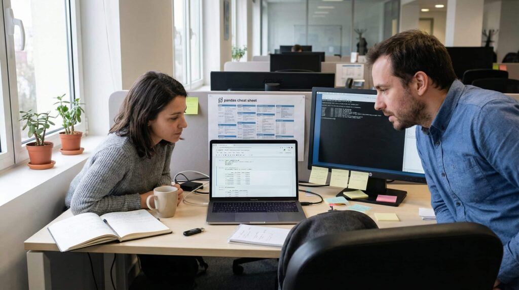 Two colleagues discussing and collaborating on an IT project in a modern office.
