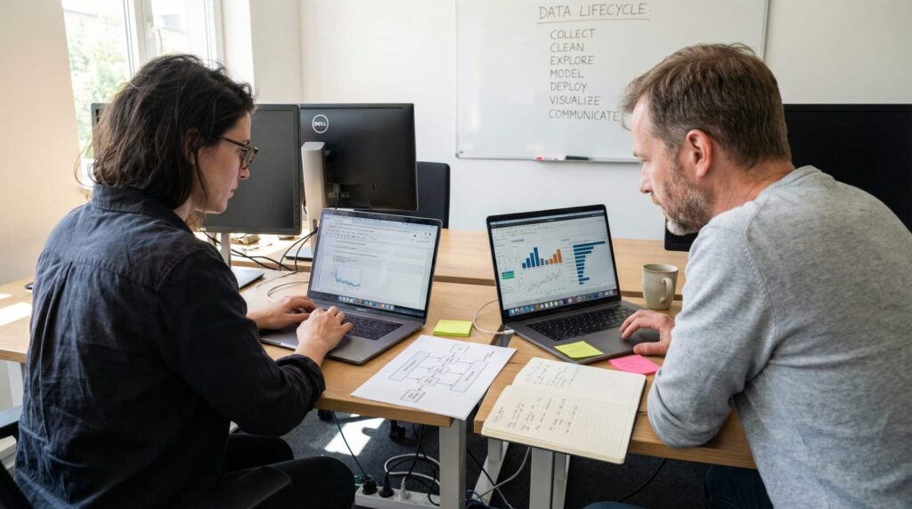 Two colleagues working on laptops in an office, with charts on the screen.