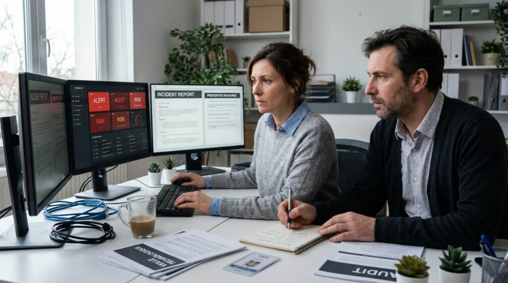 Two professionals analyzing data on computer screens in a modern office.