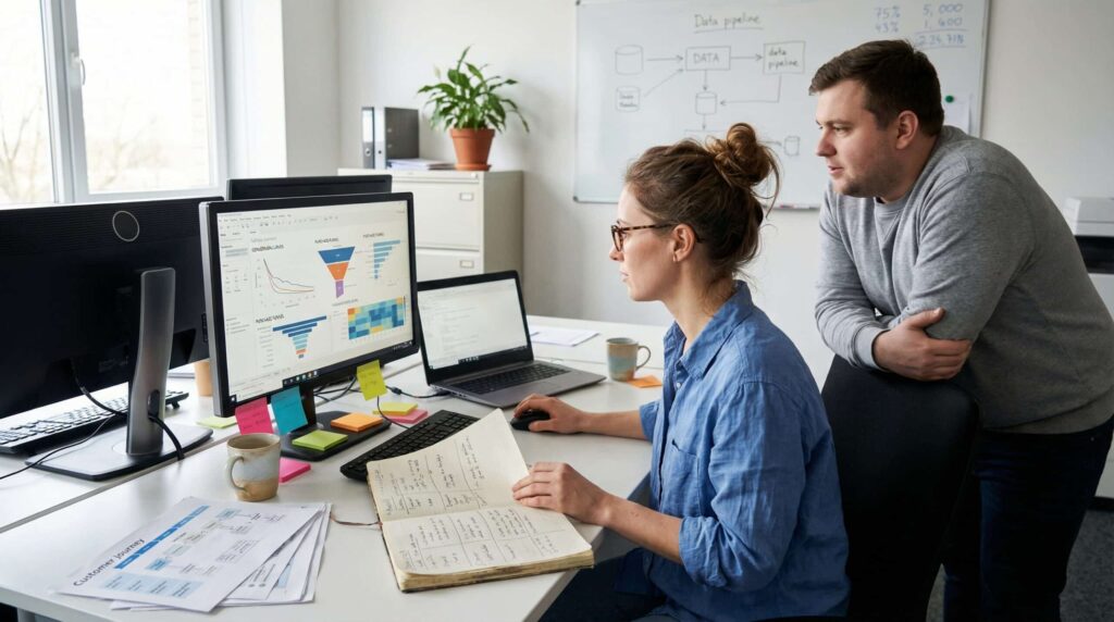 A woman and a man working together in an office, analyzing charts on multiple computer screens.