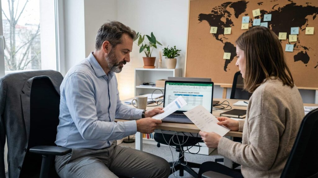 Two colleagues discussing documents during a meeting in a modern office with a world map in the background.