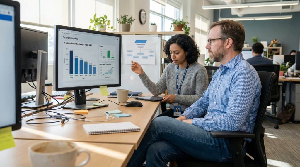 Two colleagues analyzing graphs and data on computers in a modern office.