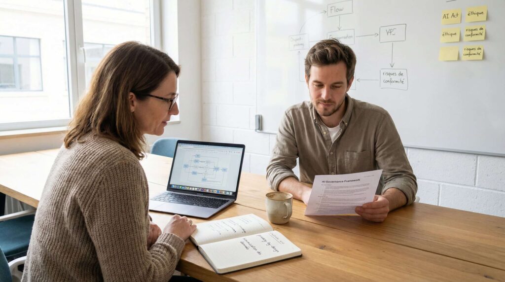 Two professionals discussing around a table, with a laptop and documents.