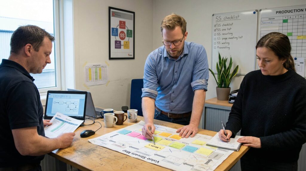 Three team members discussing around a work table, with documents and charts visible, during a planning session.