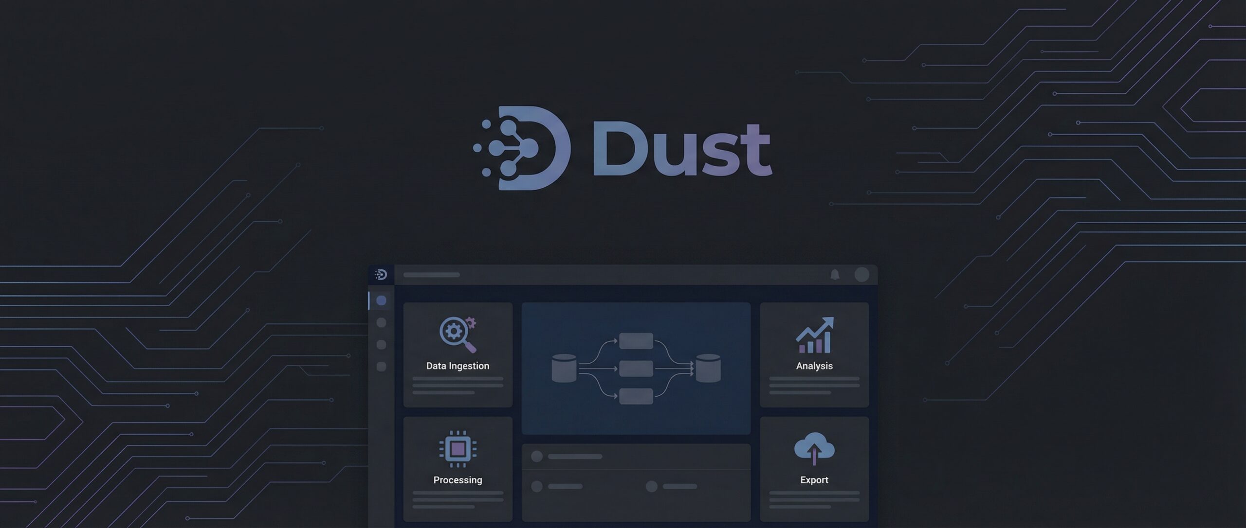 Dust software interface used for prompt engineering, with data ingestion, processing, analysis, and export modules.