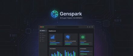 Genspark interface, a super AI agent, displaying charts and data on a dark background with circuit patterns.