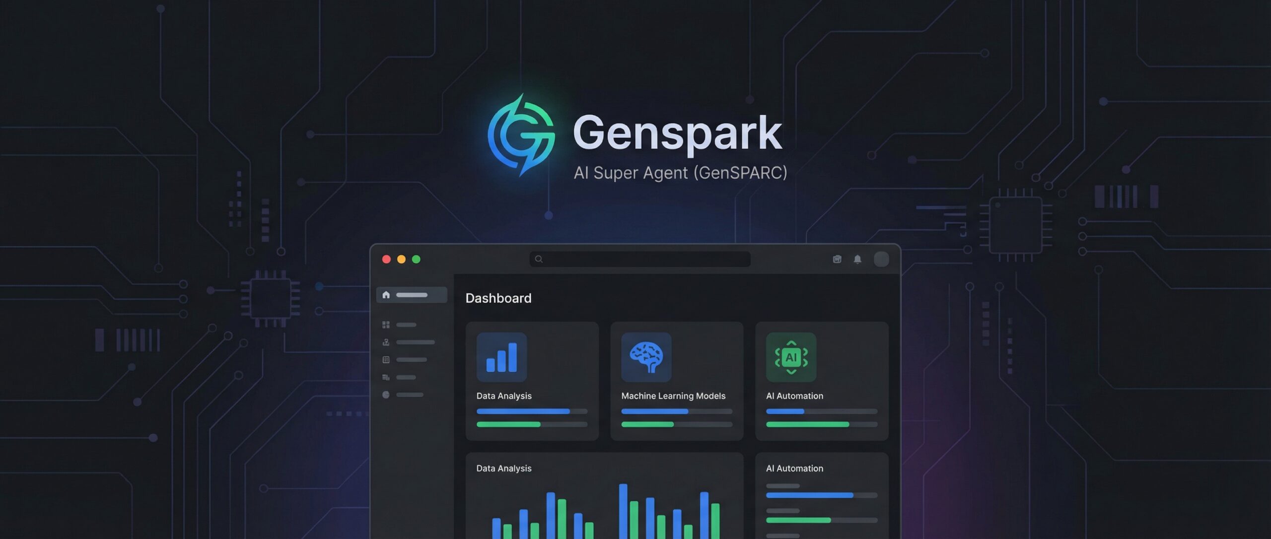 Genspark interface, a super AI agent, displaying charts and data on a dark background with circuit patterns.