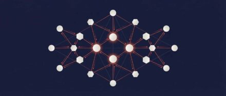 Illustration of a graph neural network with nodes and glowing connections on a dark background.