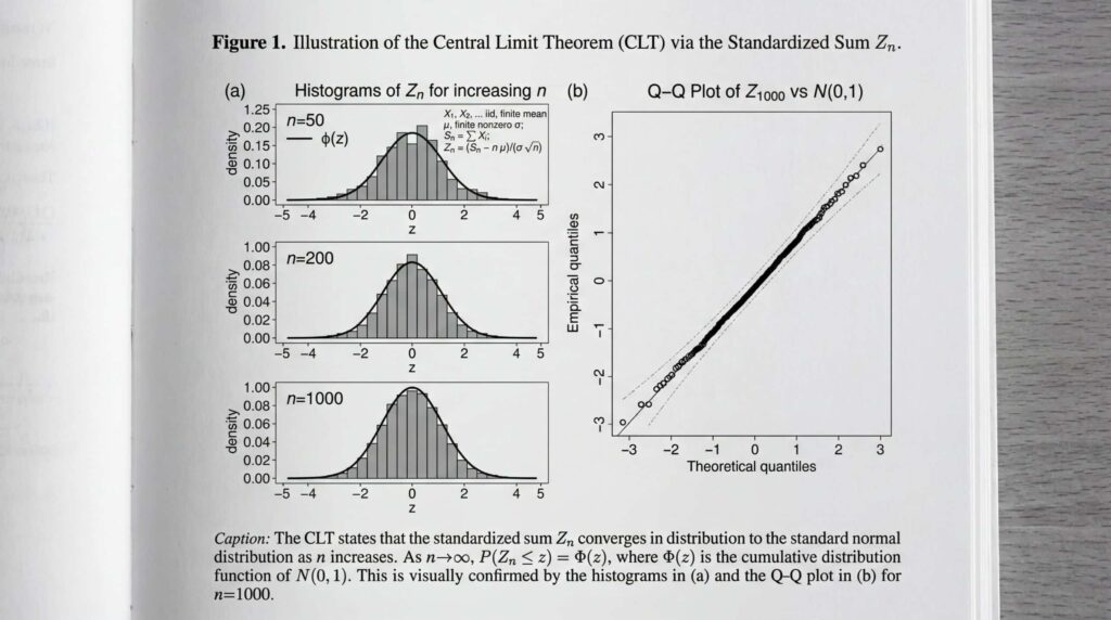 Graphs showing the histograms and the Q-Q plot of the central limit theorem, illustrating the normality of the standardized sums.