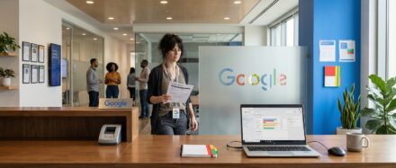 A reception area at Google featuring a woman holding documents, with a laptop open displaying a spreadsheet, and colleagues in the background.