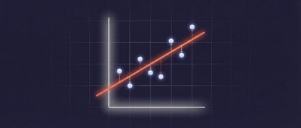 A graph illustrating a linear regression with a set of data points and a red regression line on a dark background.