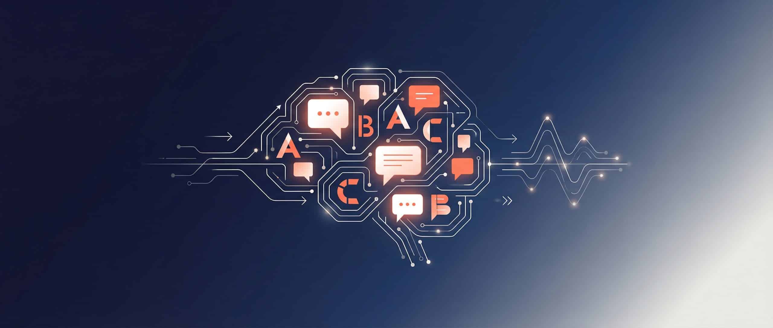 Illustration of a stylized brain with conversational elements, symbolizing natural language processing (NLP).