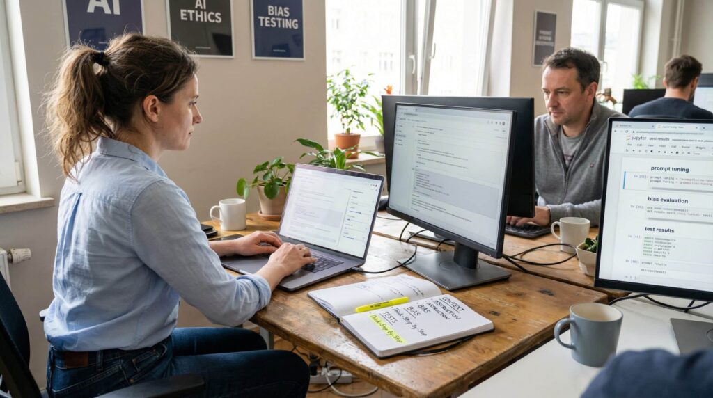 A woman working on a laptop at a desk, while a man uses a desktop computer next to her, illustrating a collaborative work environment.