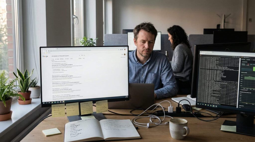 A man working on a laptop with two monitors beside him, in a modern office with plants and a coworker in the background.