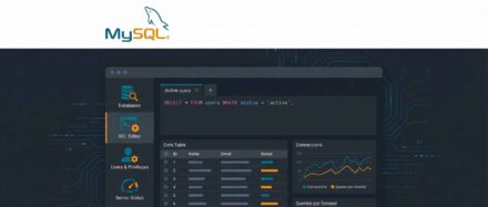 MySQL interface displaying database queries and analytical charts.