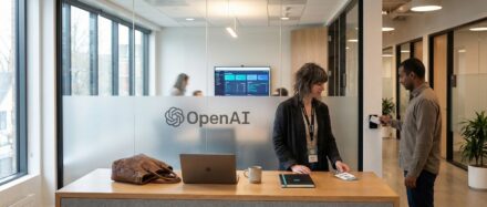 Employees interacting in an OpenAI office, showcasing a collaborative workspace for enterprise AI development.
