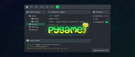 Pygame interface showing the code editor for creating 2D video games with colorful graphical elements.