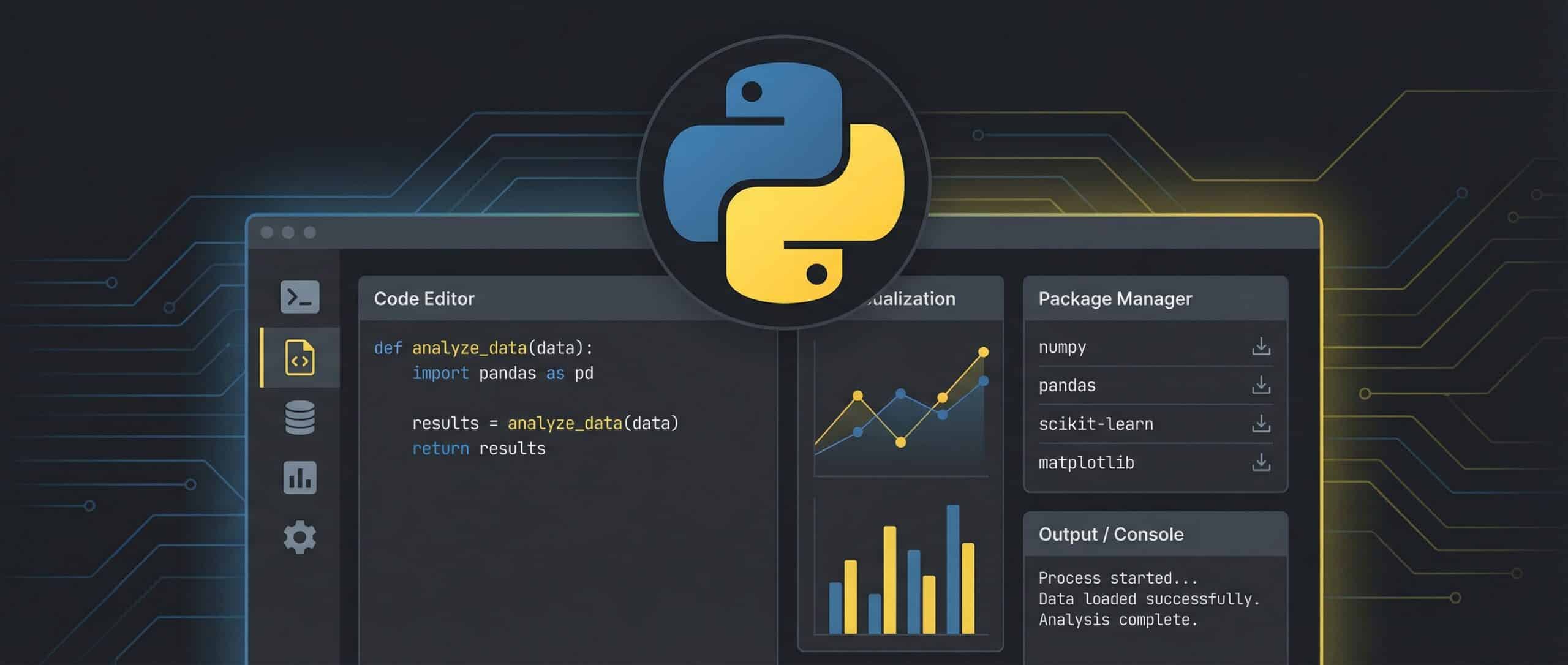 Python development screen displaying code and analytical graphs.